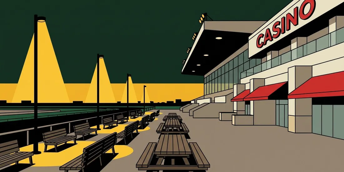 Century Mile terrace and grandstand at dusk