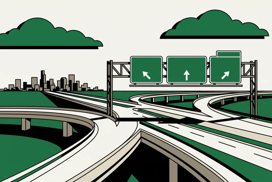 Prairie freeway interchange with blank green signs