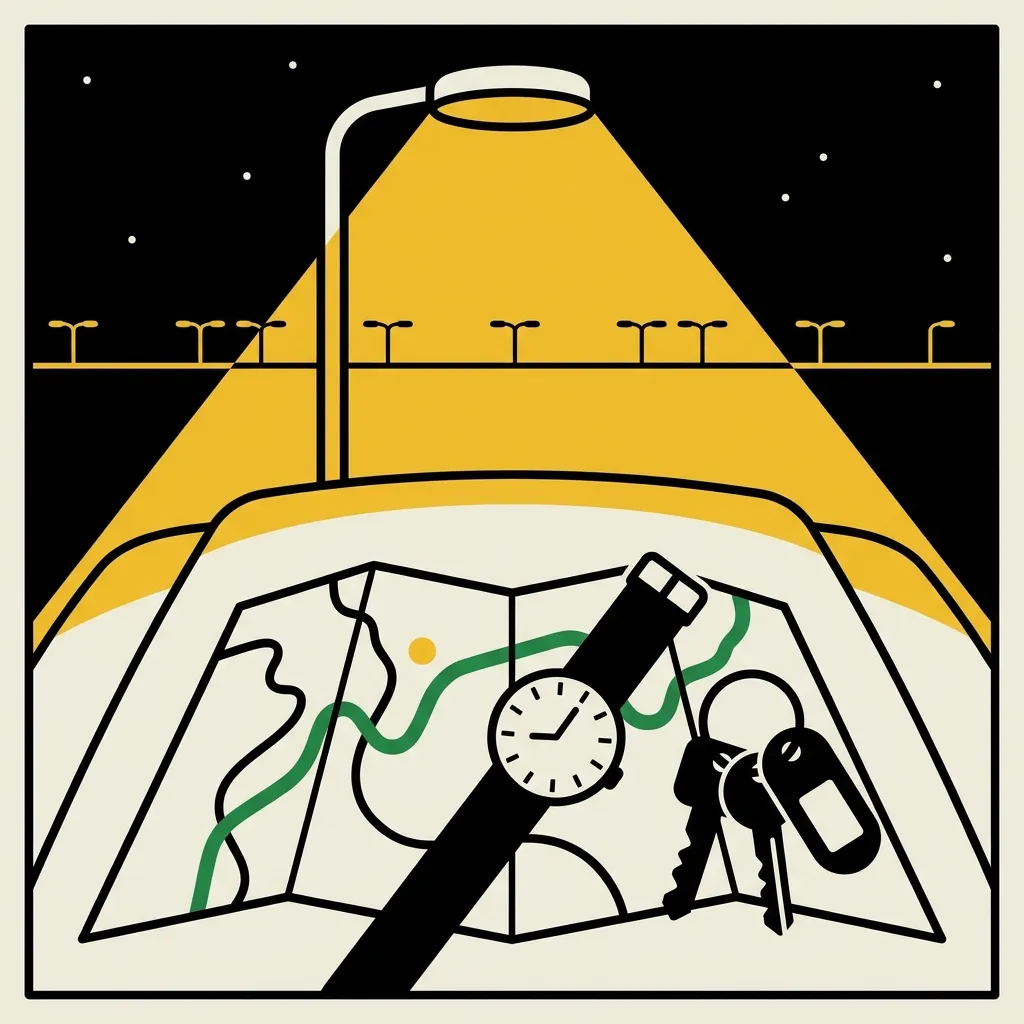 Road map, watch and keys under a street lamp