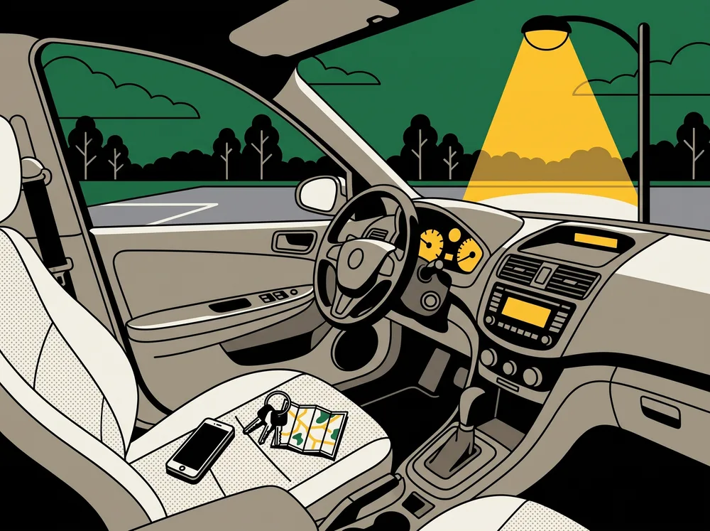 Phone, car keys and a map on a car seat