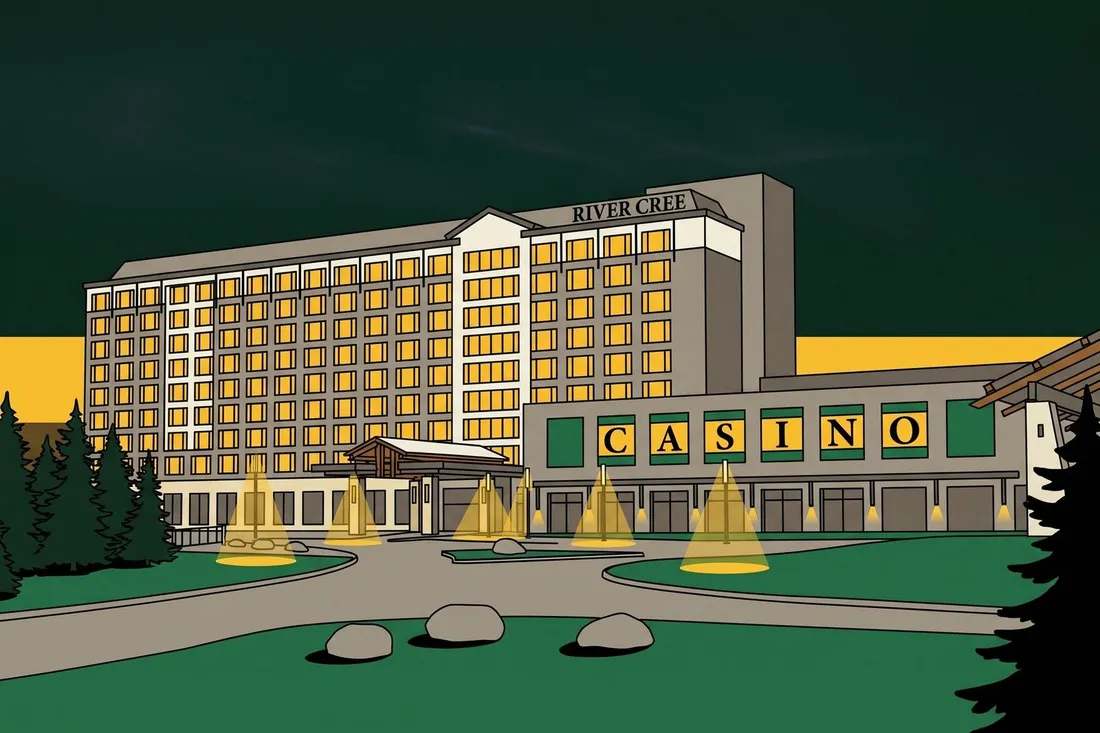 River Cree hotel tower and casino at dusk