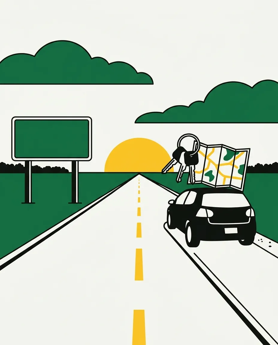 Car on a prairie highway shoulder, sign for Enoch ahead