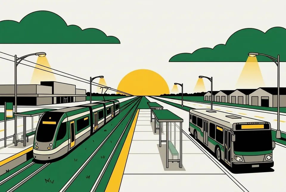Tram and bus at a suburban transit centre